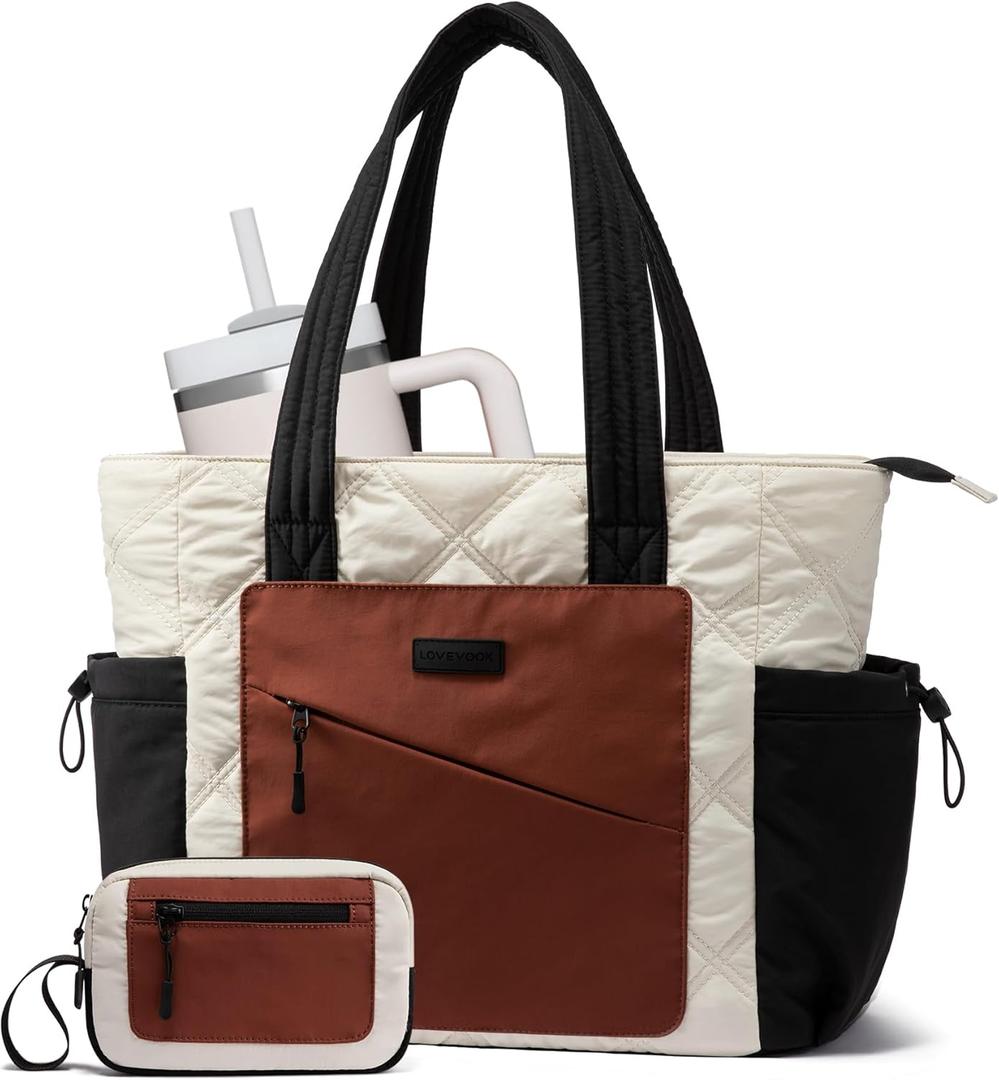 LOVEVOOK Tote Bag for Women, puffer tote bag for Work Travel Nurse, Lightweight quilted Bags with Compartments (L-17.3 Inch-cream-black-brown)