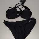 ZAFUL Women's String Criss Cross Bikini Sets 2025 Texture Two Piece Swimsuit Knot Front Bathing Suit Black M