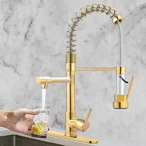 Gold Kitchen Faucet，Kitchen Faucet with Pull Down Sprayer, Serimer Commercial Spring Style，Single Handle 360° Rotatable Faucet with Deck Plate for Camper Farmhouse RV Bar