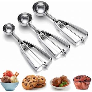 Ice Cream Scoop, 3Pcs Cookie Scoop Set, Stainless Steel Ice Cream Scooper with Trigger Release, Large/Medium/Small Cookie Scooper for Baking, Cookie Scoops for Baking Set of 3 with Cookie Dough Scoop