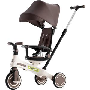 Winhope Kids Tricycle, 5 in 1 Baby's Tricycle Toddler Trike with Adjustable Push Handle, Reversible Seat and Canopy, Baby Stroller for 1-6 Year Olds, Suitable for Outdoor Activities (Coffee)