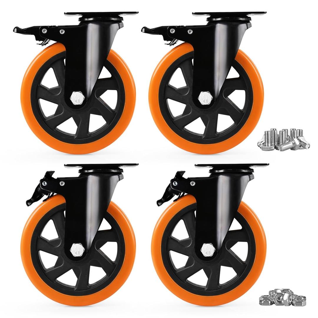 Caster Wheels, Heavy Duty 6 Inch Casters Set of 4, Locking Swivel Casters Wheels for Cart, Furniture and Workbench, Orange
