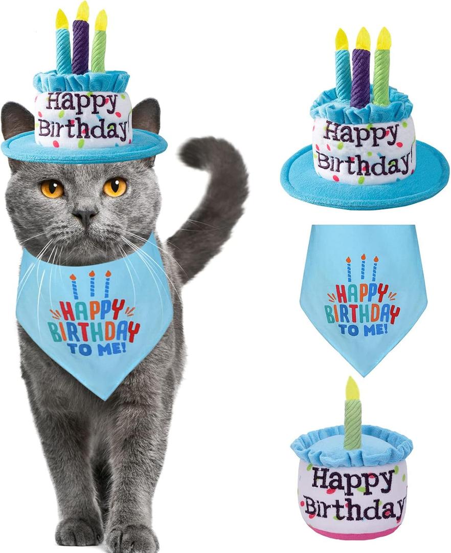 Small Dogs Happy Birthday Cake Hat with Colorful Candles & Bandana Scarfs & Birthday Cake Squeaky Toys Set Blue, Dog Birthday Party Supplies Decorations
