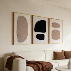 3D Textured Wall Art Bedroom, Set of 3 Abstract Geometric Minimalist Picture, Framed Linen Canvas Artwork for Living Room Office, 16" x 24", Soft Cream Lambswool