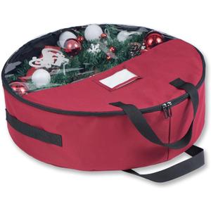 Christmas Wreath Storage Bag 30 inch Christmas Decoration Container with Transparent Window Garland Storage Bag with Three Handles Double Zipper (red) (30")