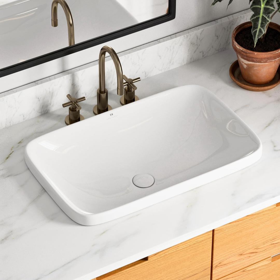 24"W x 15"D Drop In Bathroom Sink, Los Flexi Rectangular Semi Recessed Bathroom Sink with Pop-Up Drain, White Ceramic Above Counter Basin without Overflow, Large Vessel Sinks for Countertops
