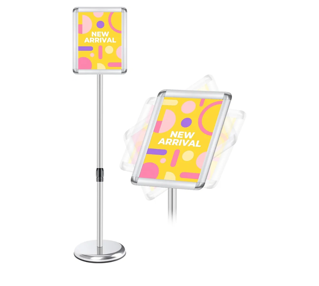 RedChili Sign Holder Stand 8.5x11 Inch, Floor Standing Sign Holder With Rotated Snap-Open Aluminum Frame, Angle Height Adjustable Signage Stand with Round Base for Advertising Poster (Silver, Round Corner)