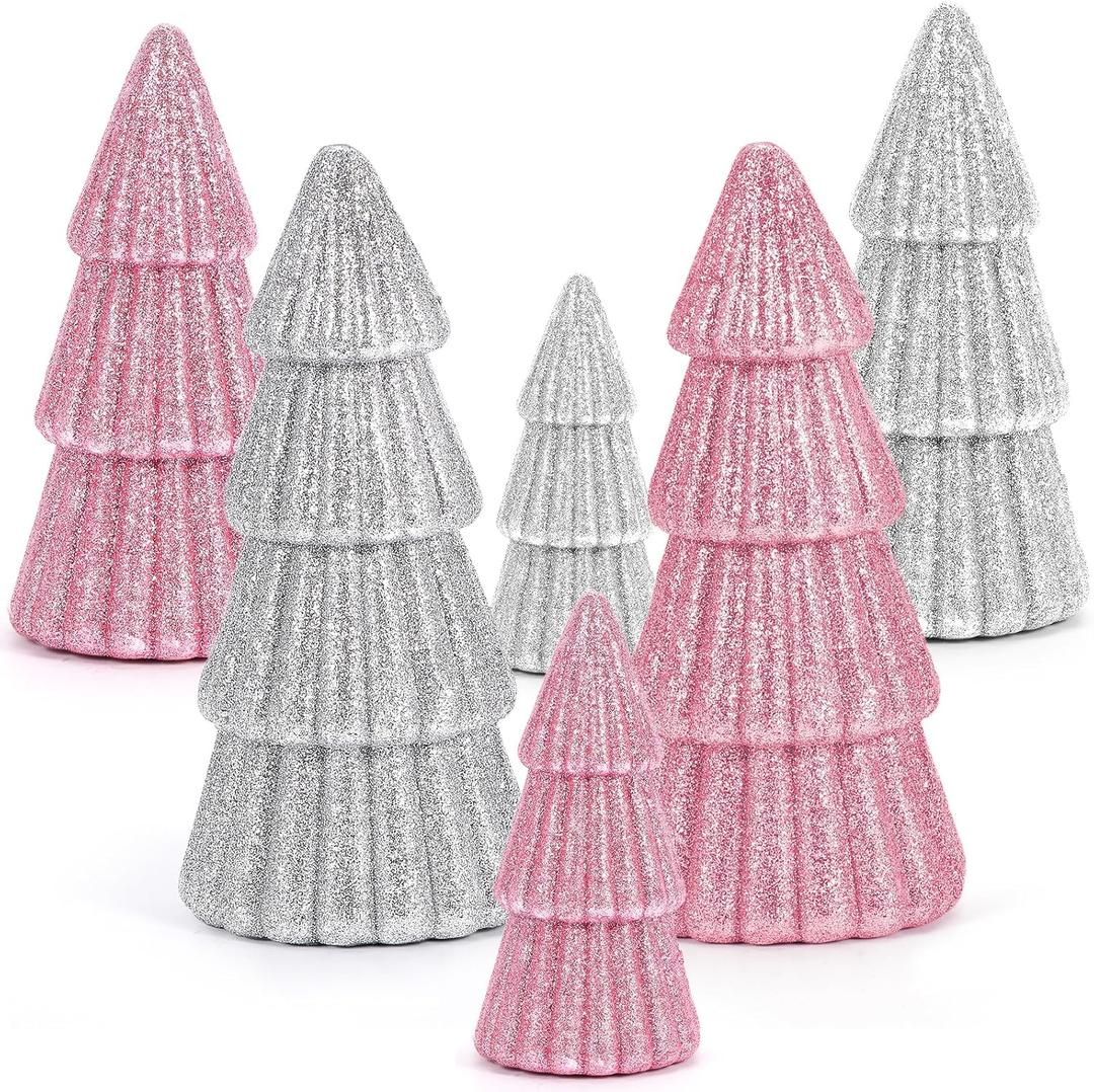 6Pcs Pink Christmas Decor, Tabletop Pink Christmas Tree for Christmas Decorations Xmas Centerpiece for Table Mantel Home Decor