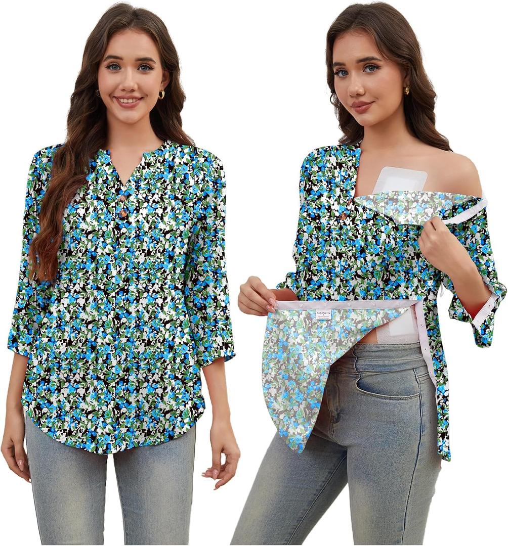 Post Shoulder Surgery Shirt for Women Tear Away 3/4 Sleeve Tops After Rotator Cuff Shirt V Neck Chemo Port Adaptive Clothing, medium