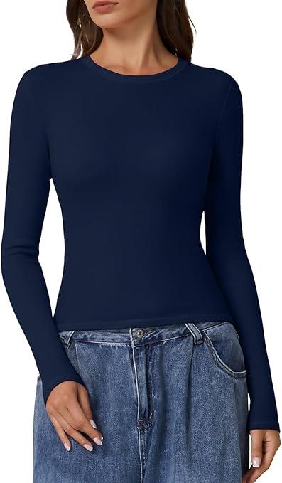 QINSEN Cotton Long Sleeve Shirts for Women Crewneck Rib Knit Slim Fit Going Out Tops Casual Basic Tee
Navy Blue, L