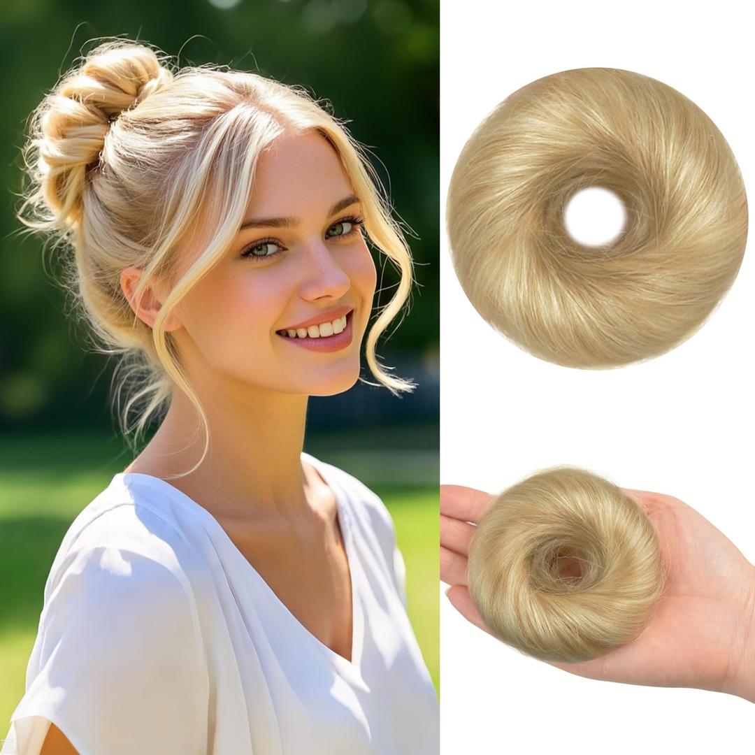 Human Hair Bun Messy Bun Hair Piece 100% Real Human Hair Natural Wavy Scrunchies Hair Bun Hairpiece with Elastic Rubber Band for Women Bun Extensions (#60 Platinum Blonde)