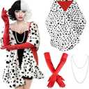 Pextian 3PCS Halloween Costume Women, Dalmatian Shawl, 1920s Red Gloves, Dalmatian Costume Women Coat for Halloween Cosplay Party