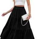 HUSKARY Women's Summer Casual Elegant Smock Layered Tiered Maxi Skirt High Waisted A Line Flowy Long Skirts with Pockets (Black, L)