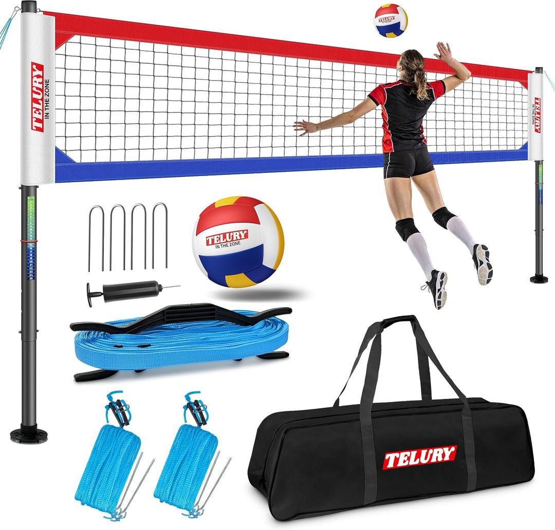 Heavy Duty Professional Volleyball Net Set Aluminum Poles, 32 ft Regulation Portable for Outdoor Backyard Beach, Anti-Sag, Adjustable Height & Length with Carry Bag, Regulation Size 32 x 3
