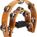 Double Row Jingles, Half Moon Musical Tambourine Double Row Handbell Tambourine Metal Jingles with Ergonomic Grip Percussion Instrument for KTV Party Church, Imitation Wood Color