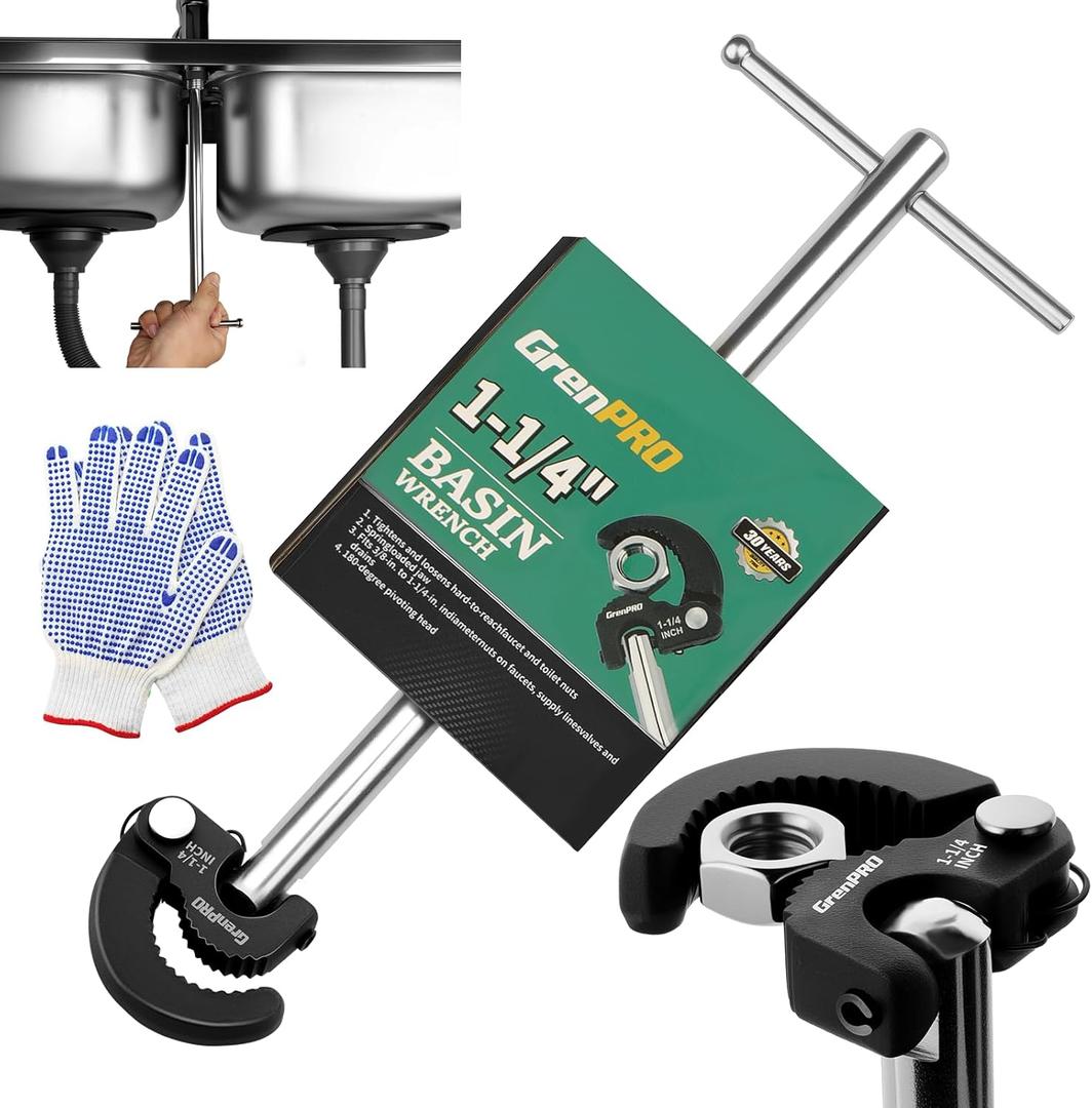 GRENPRO 11" Basin Wrench, Sink Wrench Faucet Tool for Tight Spaces, Adjustable Tap Nut Plumbing Spanner for Professional Plumber, Capacity of 3/8" to 1-1/4" Faucet Wrenches for Undermount Sink