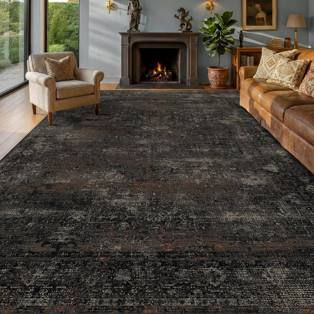 TALANOVA Black 7x9 Washable Area Rug for Living Room, Non-Slip Low Pile Charcoal Volcanic Textured Rug for Bedroom, Dining Room & Home Office, Dark Stain Resistant Modern Farmhouse Design