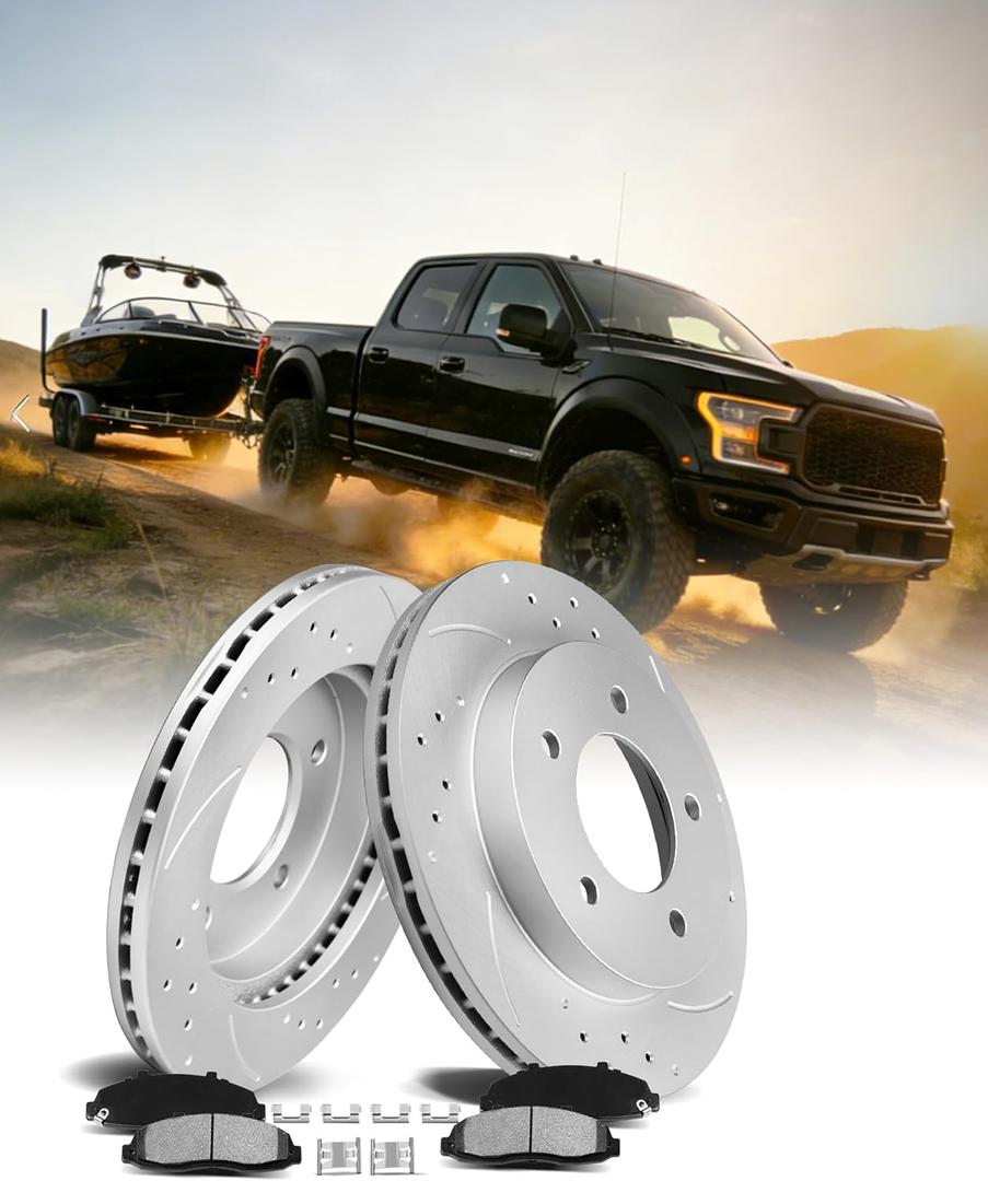 MOTOREVO Front Brake Kit for F-150  Fits 2010-2014 (6-Lug Only) & 2015-2020 (All Models) | Drilled & Slotted Heavy-Duty Rotors for Rapid Heat Dissipation and Towing