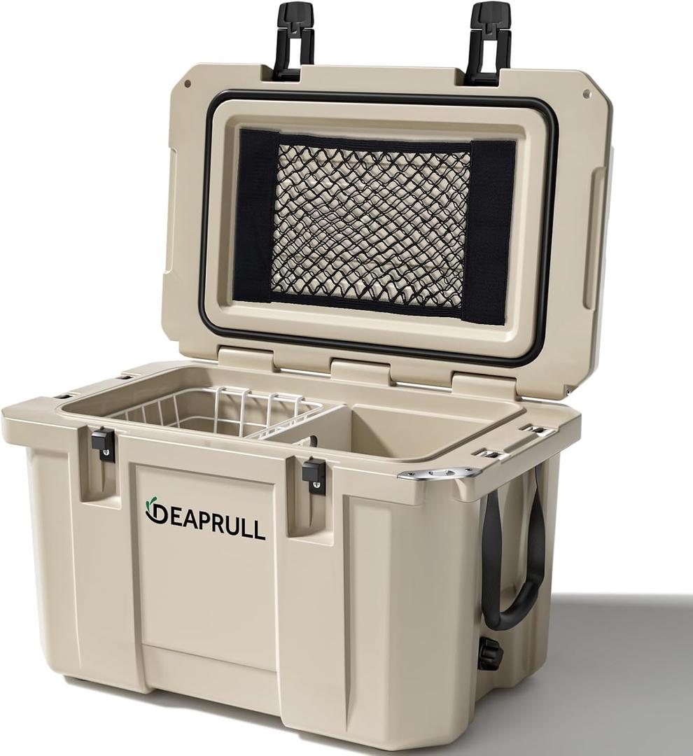60 Quart Hard Cooler, Insulated Ice Chest Box Holds Ice for up to 6 Days, Portable Cooler with Nylon Rope Handles, Cup Holders, Double Latches for Camping Drink, Beach, Picnic, Fishing, Boat, Barbecue (Khaki)