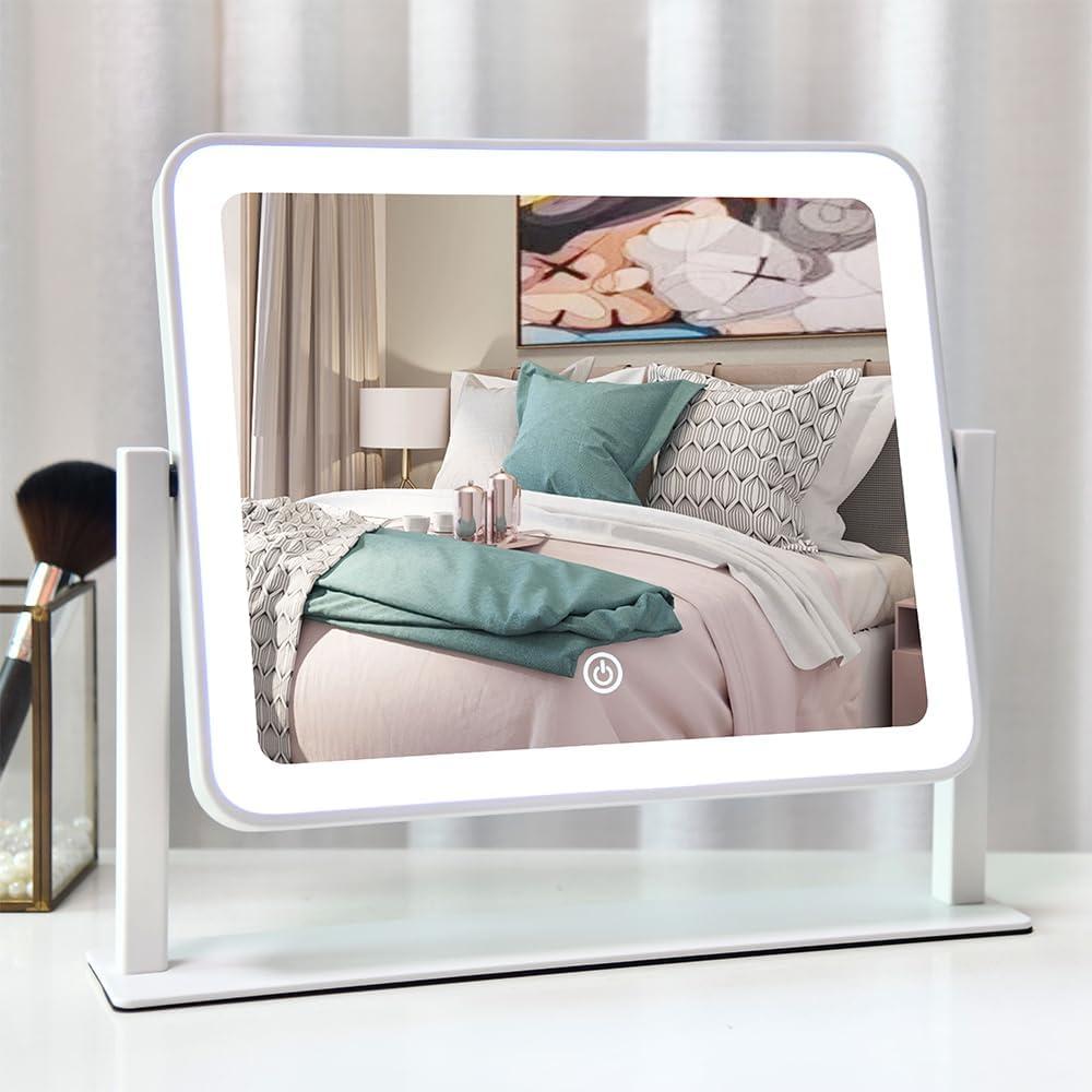 Rechargeable Vanity Mirror with Lights,14"x12"LED Lighted Makeup Mirror,Large Makeup Mirror with Lights,Touch Screen with 3-Color Lighting,Dimmable,for Vanity Desk Tabletop,Bedroom (White)