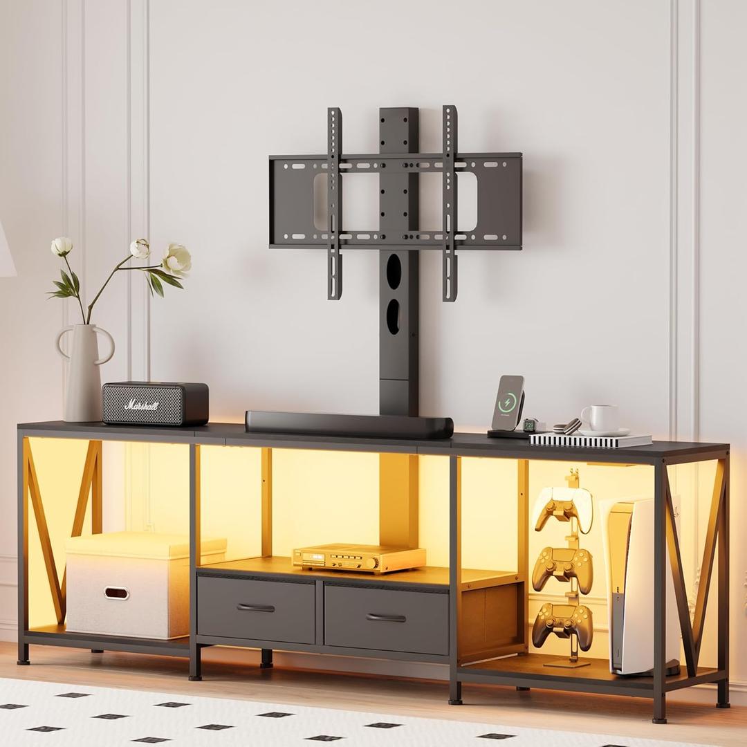 63" W TV Stand with Mount for 50, 55, 65, 75" TV, Entertainment Center with Power Outlet and LED Lights, Height Adjustable TV Console Table with Open Storage Shelves and Fabric Drawers (Black)