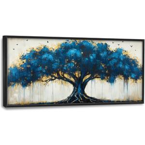 Olivine Tree Large Wall Art, Tree Of Life Pictures Wall Decor, Blue Tree Canvas Prints Painting, Framed Artwork for Dining Room Living Room Bedroom Bathroom Office Home Decor 60"x30"
