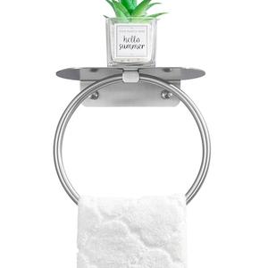 APLusee Towel Ring with Shelf Brushed Nickel, 304 Stainless Steel Rustproof Wall Mounted Holder, Space-Saving Storage for Hand Towels & Bathroom Essentials