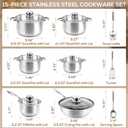 Stainless Steel Cookware Set - 15 Pieces Pots and Pans Nonstick Pot and Pan Set Includes 1 Frying Pans, 5 Pots, 6 Lids and 3 Utensils, with Stay Cooling Handle, Induction & Oven Safe