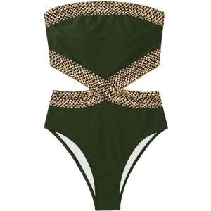 Milumia Women's Stitch Detail Strapless One Piece Swimsuit Cut Out Bandeau Bathing Suit (Large, Solid Army Green)