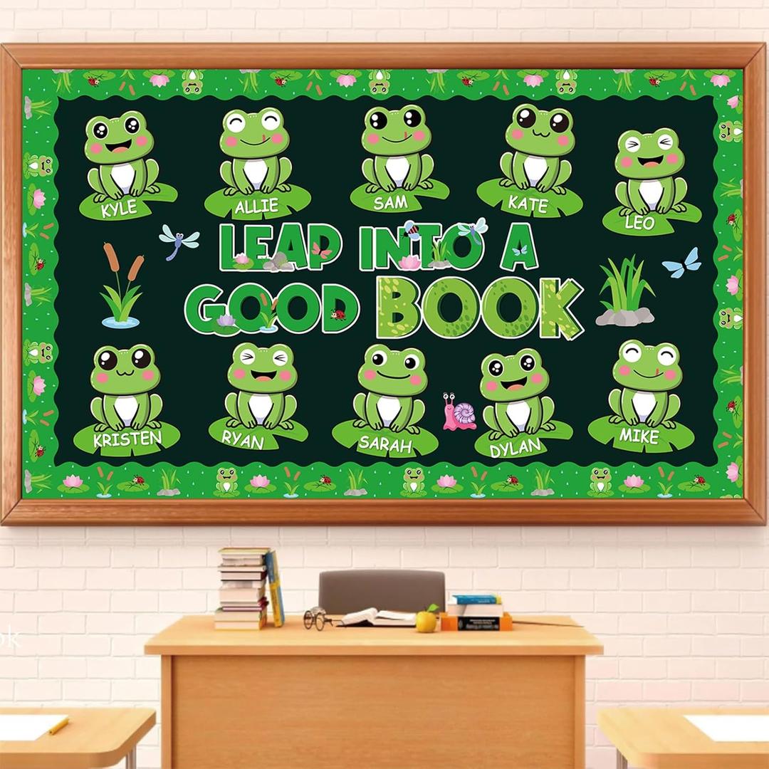 FYSUIMU Frog Bulletin Board Decor Set Summer Green Classroom Decorations Paper Cutouts Name Tag Leap into A Good Book Border Trim with Glue Point for Back to School Chalkboard Wall Decor, 62Pcs