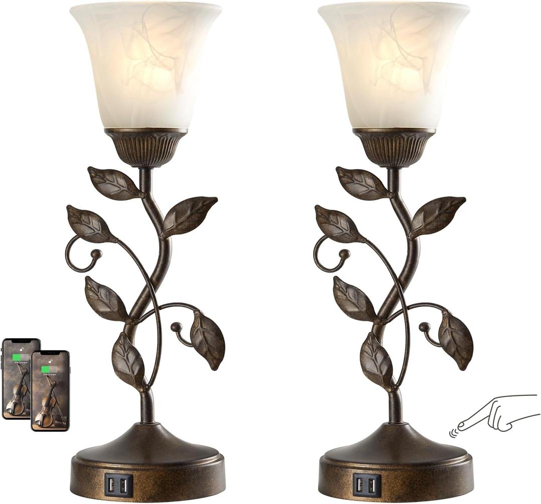 Set of 2 Touch Farmhouse Bedroom Table Lamps, Nightstand Vintage Flower Lamps with 2 USB Ports, 3 Way Dimmable Leaf Lamp for Living Room with White Glass Shades, Bulbs Included