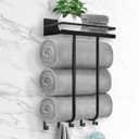 Towel Racks for Bathroom, Towel Rack Wall Mounted with Metal Shelf and 5 Hooks for Small Bathroom, Towel Holder for Bathroom, Bath Towel Storage for Rolled Towels Organizer, Black