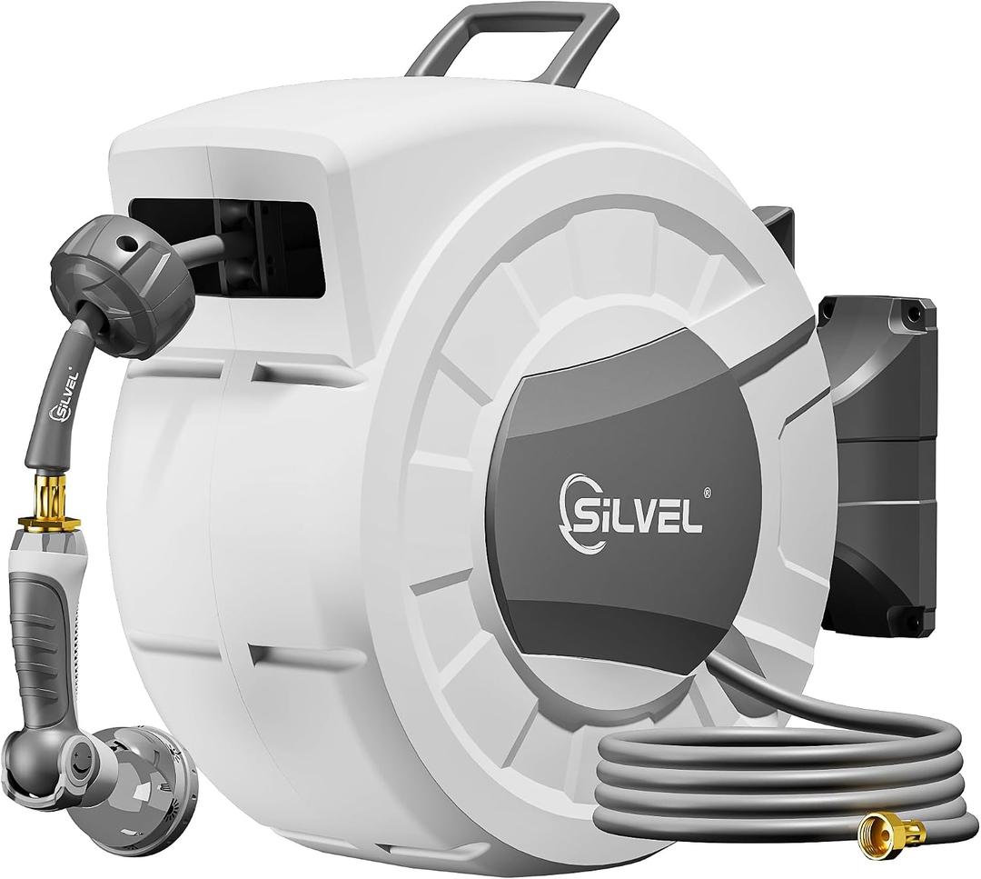 SILVEL Retractable Garden Hose Reel, 1/2 in x 110ft Wall Mount Heavy Duty Automatic Hose Reel with 10 Pattern Nozzle, Any Length Lock & Slow Return System, 180Swivel Bracket Upgraded UV Resistant