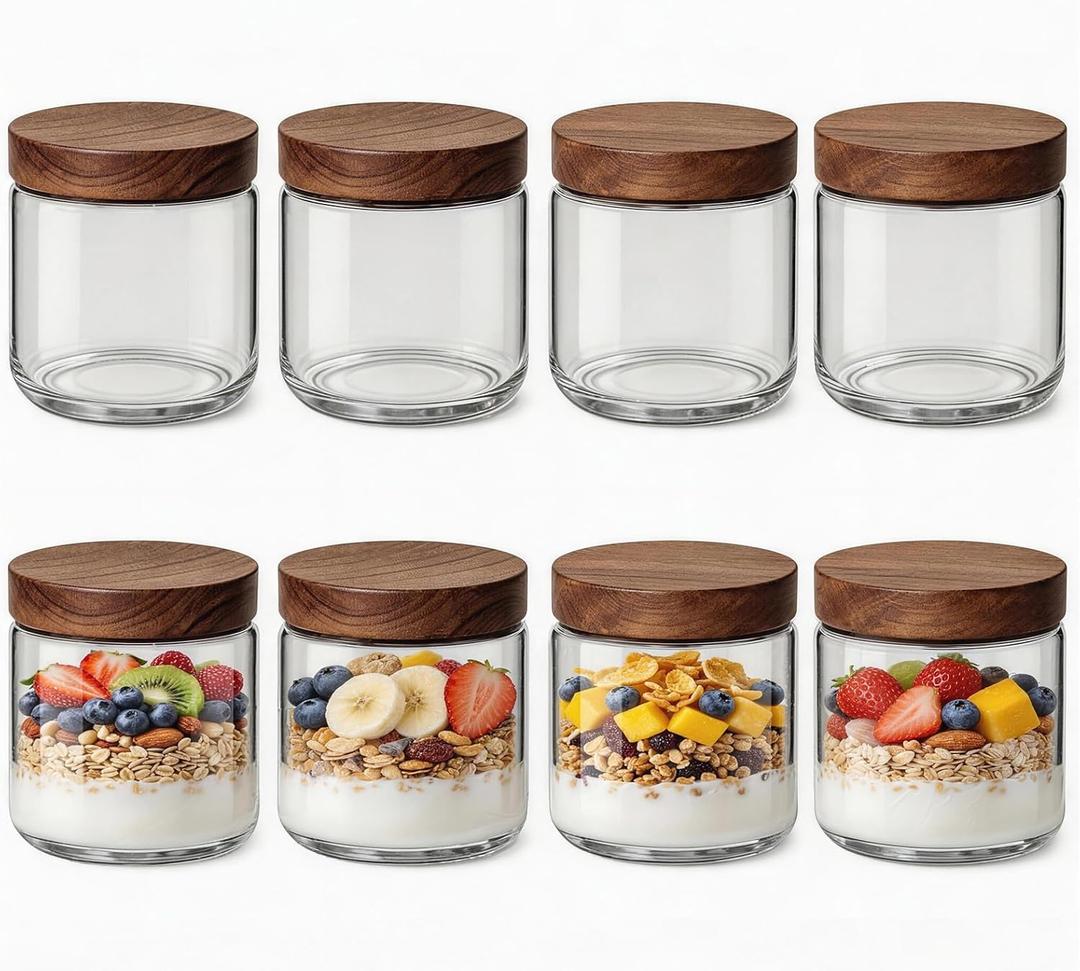 10oz 8 Pack Overnight Oats Containers with Lids, Glass Mason Jars with Acacia Wood Airtight Lids, Wide Mouth Meal Prep Storage Jars for Yogurt, Chia Pudding, Salad, Parfait, Snacks, Spice