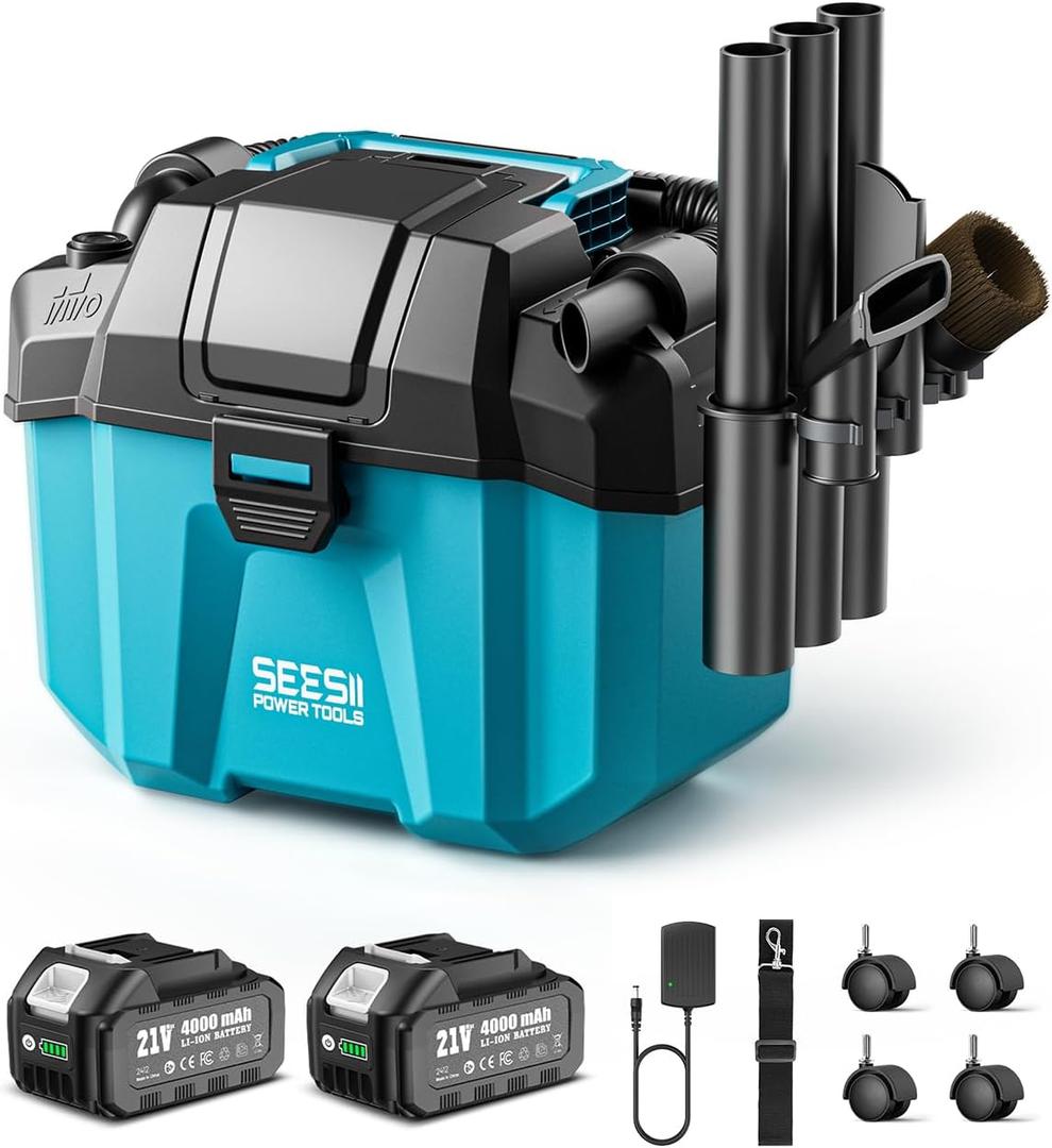 Seesii Cordless Wet Dry Shop Vac, 2 x 4.0Ah Rechargeable Batteries