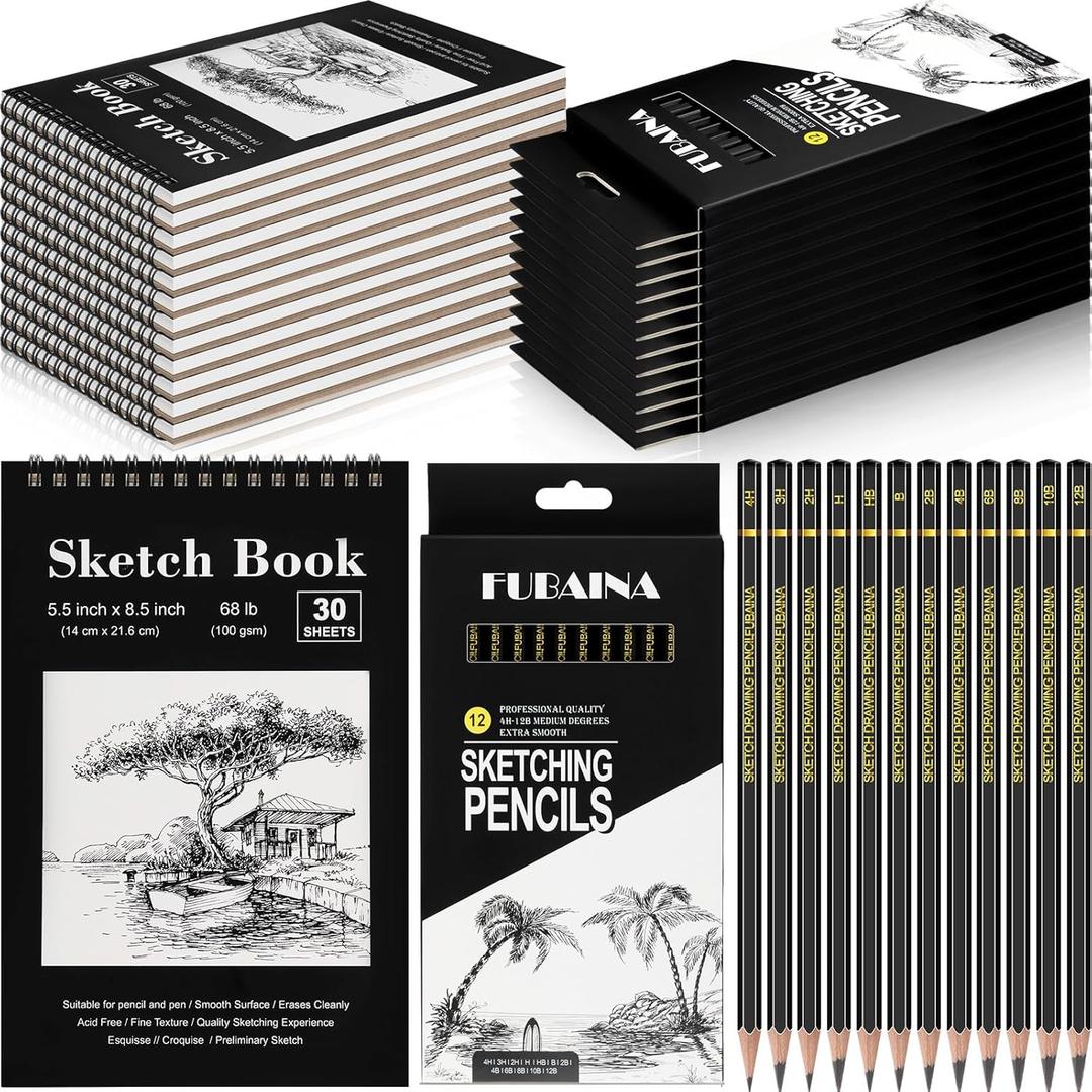 Humyoun 24 Pcs Top Spiral Bound Sketch Pad with Drawing Pencils Set, 5.5 x 8.5 Inch Sketchbook, 68lb(100gsm) Thick Paper, Charcoal & Graphite Pencils (12B-4H) for Shading, Artists & Beginners