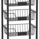 Hastatii Kitchen Storage Cart, Kitchen Basket, 5-Tier Utility Organizer with Baskets and Wood Top, Rolling Snack Cart with Wheels, Metal Black