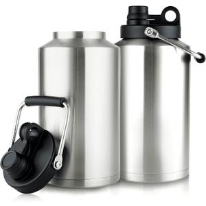 1 Gallon Water Bottle Insulated Stainless Steel Keeps Ice 48Hr, Large Water Gallon Jug Wide Mouth Leakproof Vacuum for Gym, Camping, & Construction Stainless Steels (2 Packs)