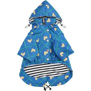Morezi Dog Zip Up Raincoat with Reflective Buttons, Rain/Water Resistant, Adjustable Drawstring, Removable Hood, Raincoats with Legs- Grid Blue - XL