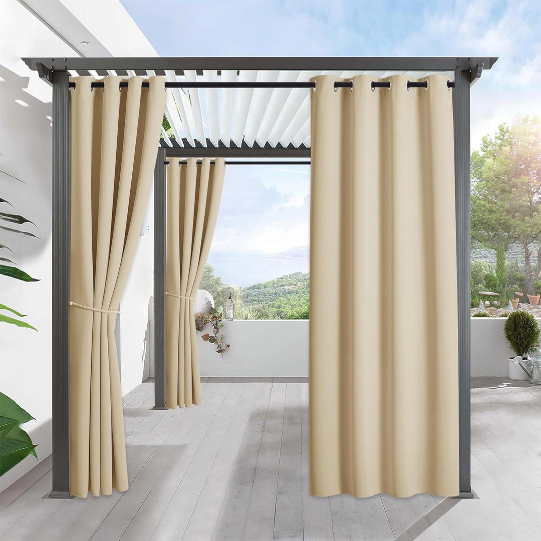 2 x RYB HOME Outdoor Curtains for Patio Waterproof Block Sunlight Thermal Insulated Privacy Assured Thick Outside Curtains for Porch, Gazebo, Pergola, W52" x L84", Biscotti Beige, 1 Panel