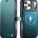 for iPhone 17 Pro Case Wallet Compatible with Magsafe, Slim PU Leather Flip RFID Blocking Card Holder Stand Shockproof Magnetic Women Men Wallet Phone Case Cover for iPhone 17 Pro, Blue Green