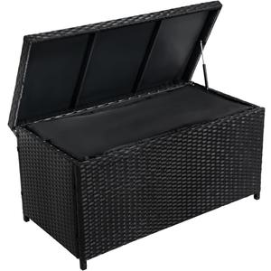 Outdoor 70 Gallon Wicker Storage Box with Waterproof Liner, Patio PE Rattan Storage Container for Outside, Deck Box with Hinged Lid for Cushions, Pillows, Towels, Horizontal Bin, Black