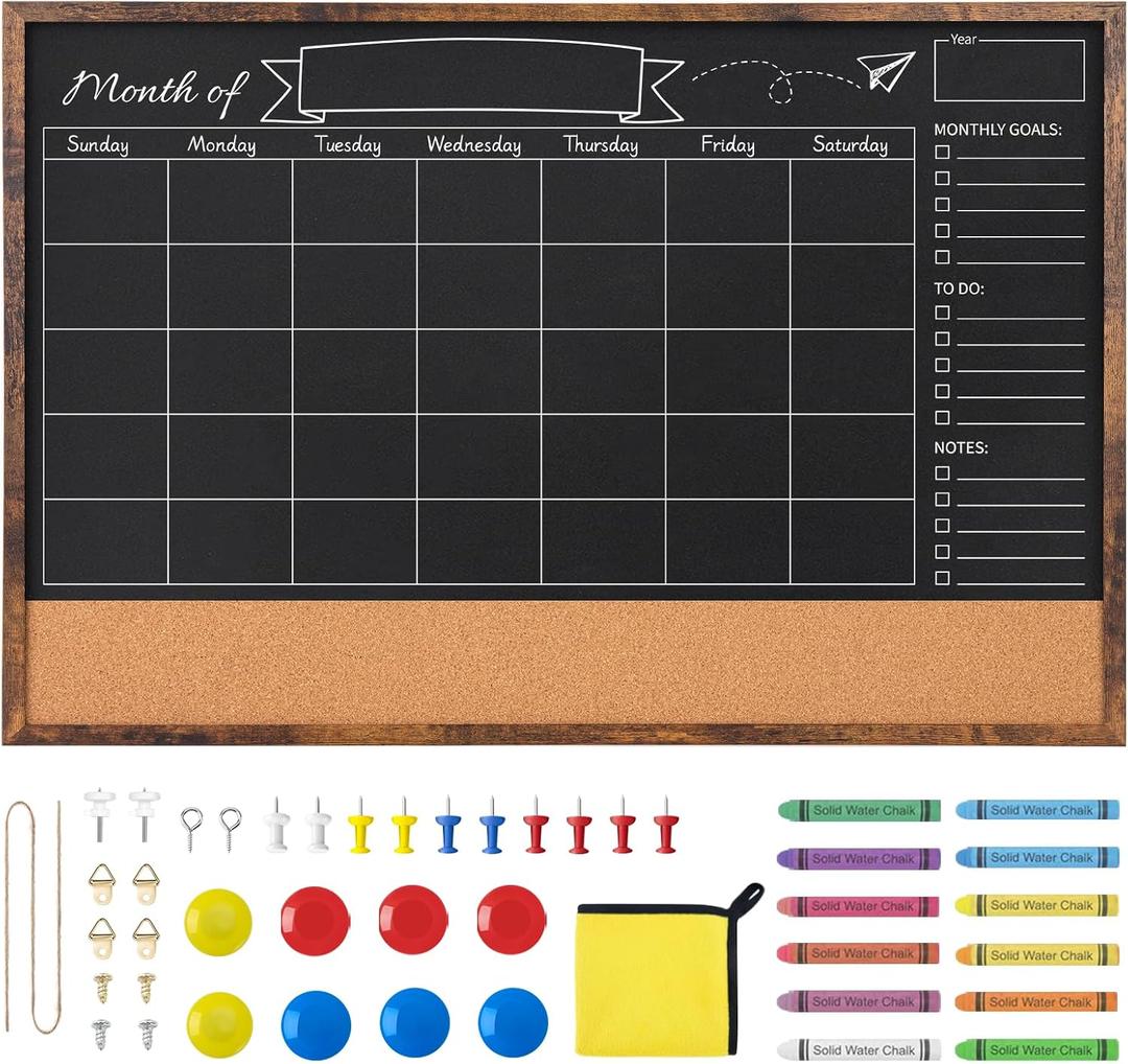 Magnetic Chalkboard Calendar 24x36 Inches, Framed Chalk Board for Wall Organization, Planning/School Timetable/Memo, Hanging Magnetic Surface for Office, School, Home