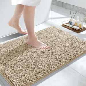 Yimobra Bathroom Rug Mat, 32'' x 20'', Luxury Chenille Shaggy Bath Rugs, Extra Soft & Thick, Absorbent Water, Non-Slip, Machine Washable, Bath Mats for Bath Floor,Tub and Shower, Pale Khaki