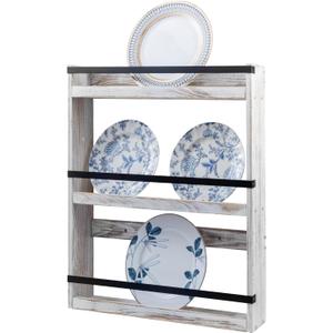 MyGift Wall Plate Display Rack, 3 Tier Farmhouse Whitewashed Wood Wall Mounted Plate Storage Rack, Holds 6-10inch Plates