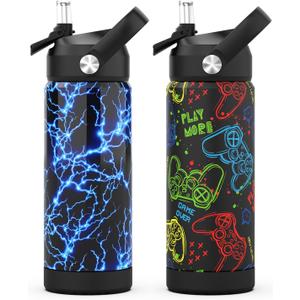 Boys Water Bottle with Straw,18 oz Kids Insulated Cups with Stainless Steel Leak Proof for School,Sport&Travel2packLightning+Game-Graffitig