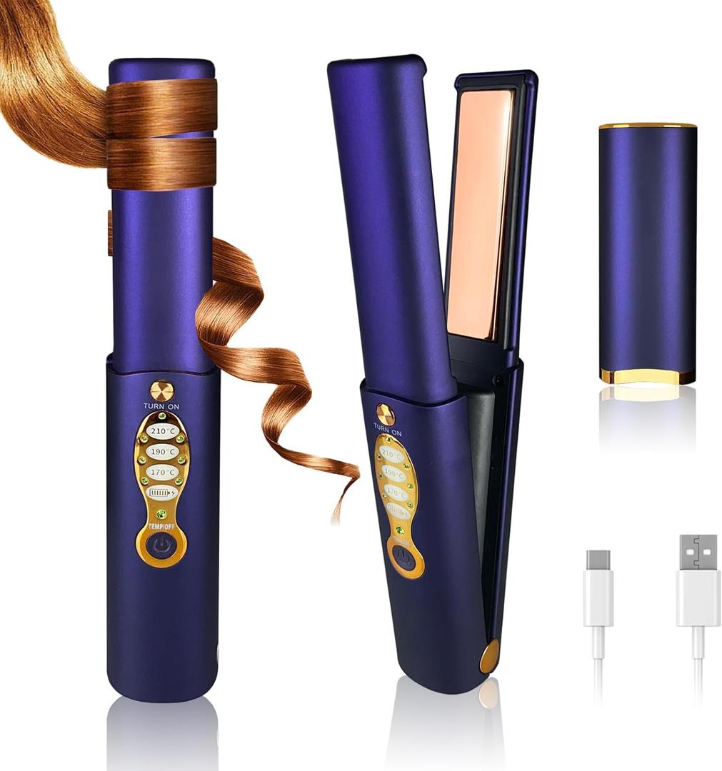 Cordless Curling Iron Titanium Portable Flat Iron Travel Curling Wand Straightener and Curler 2 in 1 Dual Voltage & 3 Temps Hair Styling Tools 5000 mAh Battery Heats Up in Seconds for Long Short Hair (Blue)