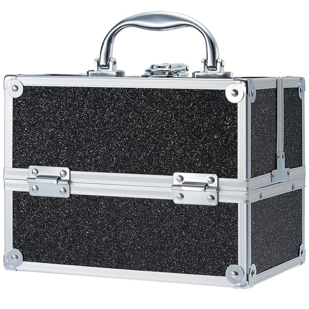 FRENESSA Makeup Train Case Portable Makeup Case Organizer Cosmetic Box Make Up Box Makeup Organizer Cosmetic Storage Cases with Locking Nail Kit Organizer Travel Case Black