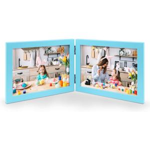 Double 5x7 Horizontal Combo, Soft-Blue Wood Picture Frame, 4.5x6.5 Opening Foldable Landscape View Photo Frame on Table-top or Wall