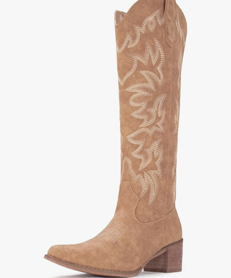 IUV Cowboy Boots For Women Knee High Western Cowgirl Boots Snip Toe Side Zipper Chunky Heel Size 8